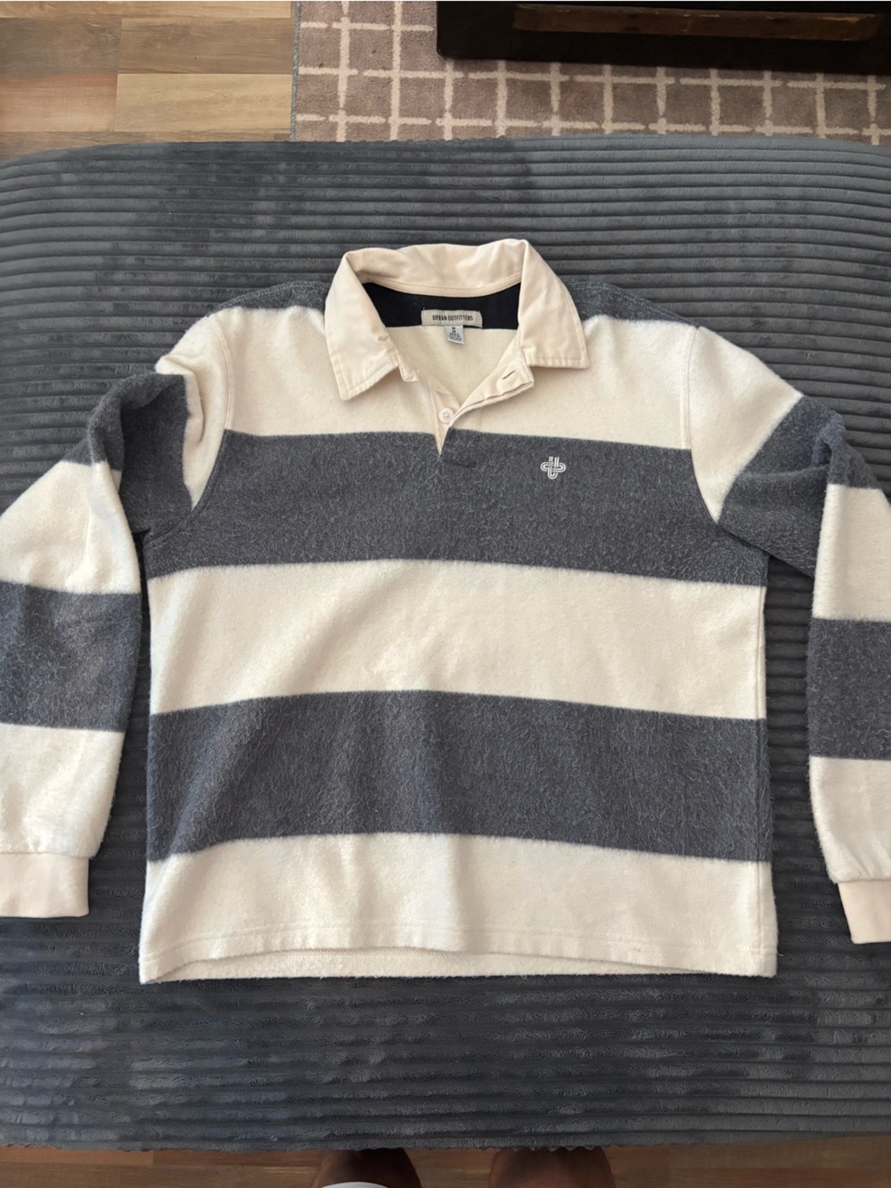 Urban Outfitters Striped V-Neck Polo Sweater - Cream & Gray